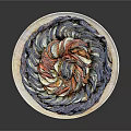 Colorful Layered Ring Pastry With Blue And Orange Swirls On White Plate