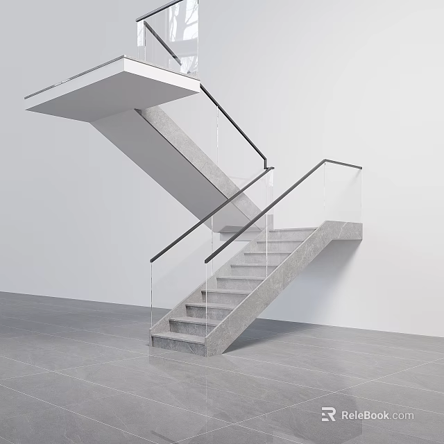 Modern Staircase With Glass Railing And Concrete Steps In Open Modern Interior 3d model 