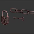 Hardware Tools Featuring Padlock Chain And Key On Dark Reflective Surface 3d model