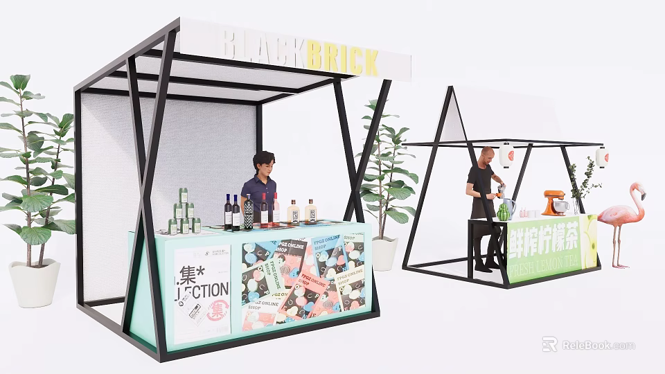 BAREBRICK Exhibition Booth With Promotion Drinks Brochures And People 3d model 