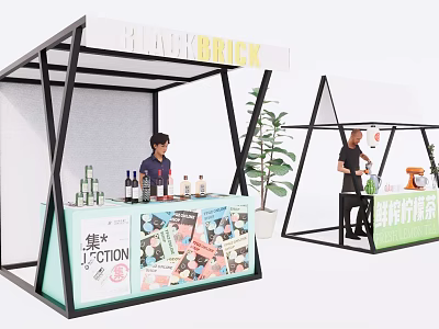 BAREBRICK Exhibition Booth With Promotion Drinks Brochures And People 3d model