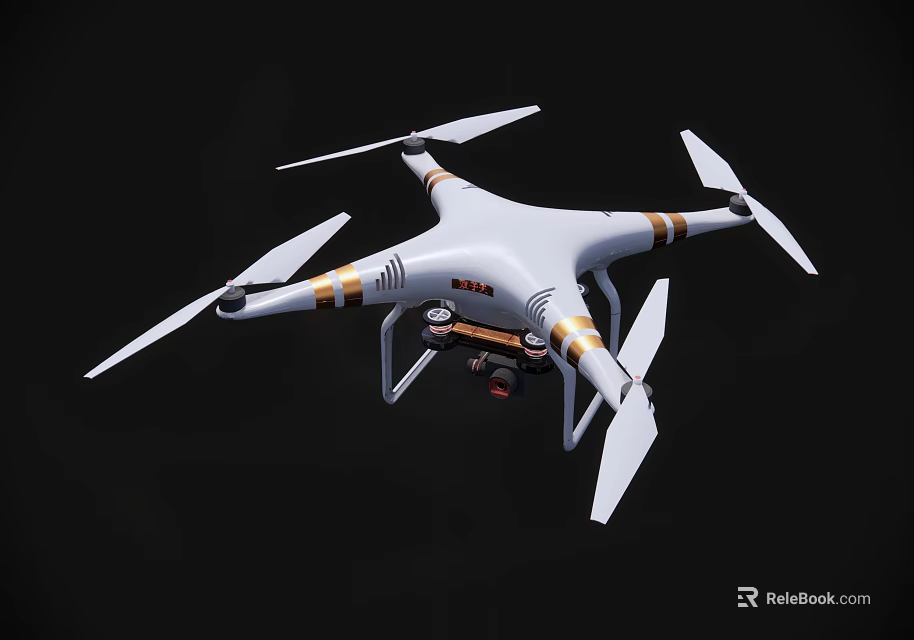 White DJI Quadcopter Drone Flying With Camera And Propellers In Black Background 3d model 