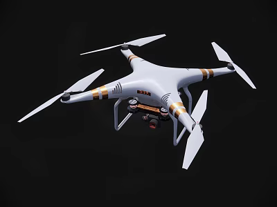 White DJI Quadcopter Drone Flying With Camera And Propellers In Black Background 3d model