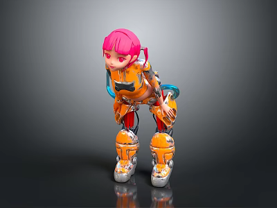 Game and Movie Character with Pink Hair Orange Yellow Armor Mechanical Design Standing Pose 3d model