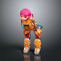 Game and Movie Character with Pink Hair Orange Yellow Armor Mechanical Design Standing Pose