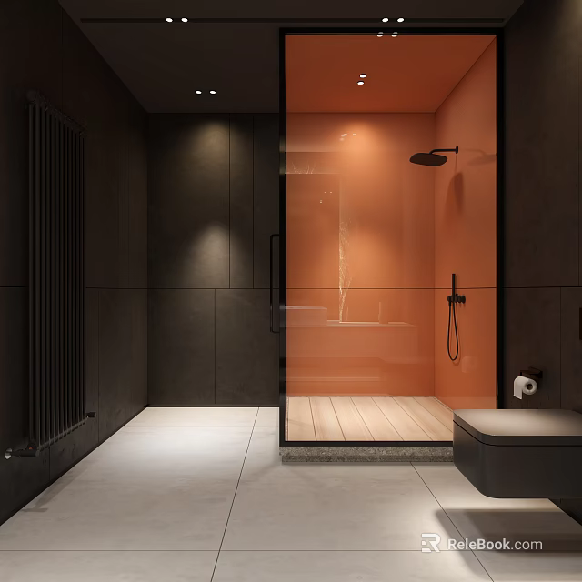 Modern Black and Orange Bathroom with Tiled Walls Glass Shower Enclosure Wooden Base and Toilet 3d model 