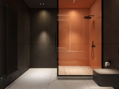 Modern Black and Orange Bathroom with Tiled Walls Glass Shower Enclosure Wooden Base and Toilet 3d model