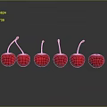Six Fresh Red Cherries With Green Stems On Dark Reflective Surface