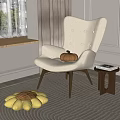 Modern Cozy Cream Faux Fur Accent Chair With Dark Wooden Legs And Sunflower Rug
