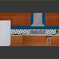Kitchen Interior With Wooden Cabinets Stainless Steel Refrigerator Island And Black White Checkered Floor