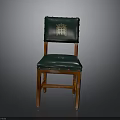 Classic Green Leather Chair With Wooden Frame And Golden Emblem On Backrest