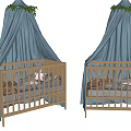 Twin Wooden Baby Cribs With Blue Canopy Green Leaf Decorations And Soft Bedding