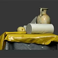 Still Life Composition Featuring Amphora Vase Geometric Shapes Cube Pyramid Sphere Cylinder Grey Yellow Fabrics