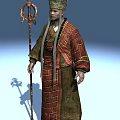 Man In Traditional Red And Brown Robe With Yellow Stripes Holding Golden Decorated Long Staff