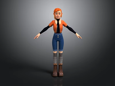 3D Animated Character With Orange Hair Black Sleeves Blue Jeans And Brown Boots 3d model