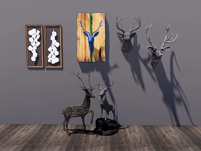 Modern Wall Decor with Floral Frames Wooden Board Blue Deer Head and Deer Sculptures 3d model