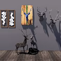 Modern Wall Decor with Floral Frames Wooden Board Blue Deer Head and Deer Sculptures