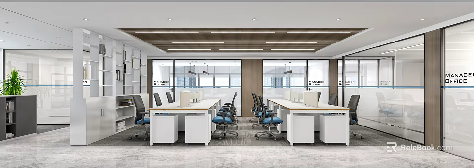 Modern Public Office Interior With Open Concept White Desks Blue Chairs And Natural Light 3d model 