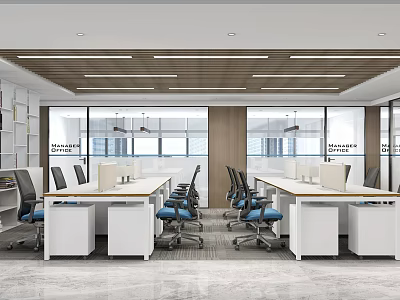 Modern Public Office Interior With Open Concept White Desks Blue Chairs And Natural Light 3d model