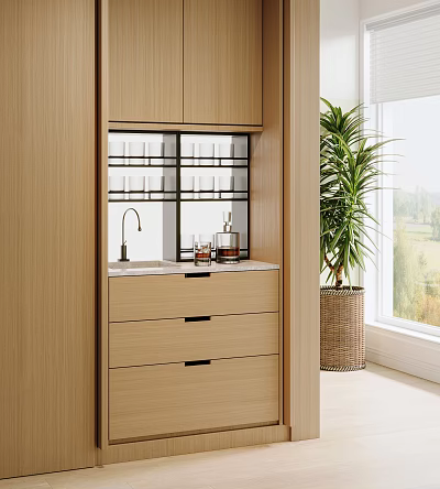 Modern Bar Counter With Wooden Cabinets Glass Door Wine Rack Marble Countertop And Potted Plant 3d model