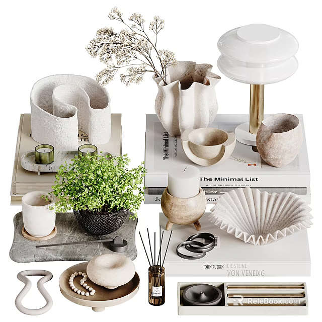 Stylish Decorative Ornament Set With Ceramic Vases Small Green Plant Stacked Books And Decorative Bowls 3d model 