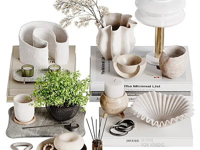 Stylish Decorative Ornament Set With Ceramic Vases Small Green Plant Stacked Books And Decorative Bowls 3d model