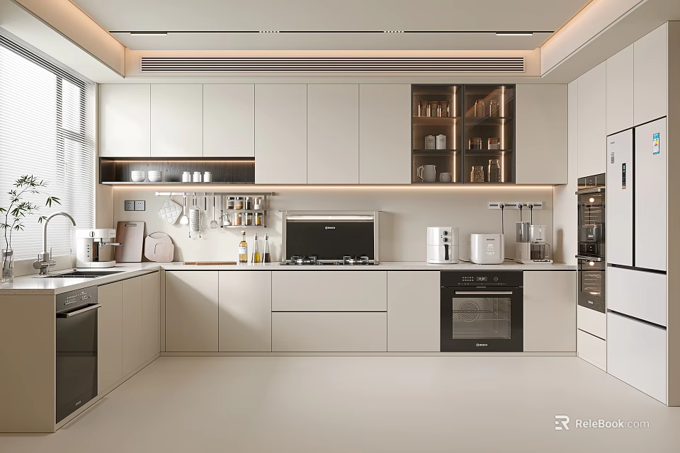 Modern Open Kitchen Interior Design With White Cabinets Built-in Appliances And Countertop 3d model 