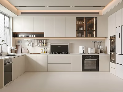 Modern Open Kitchen Interior Design With White Cabinets Built-in Appliances And Countertop 3d model