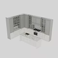 Modern Kitchen Featuring Gray And White Cabinets With Glass Doors And Marble Island Countertop