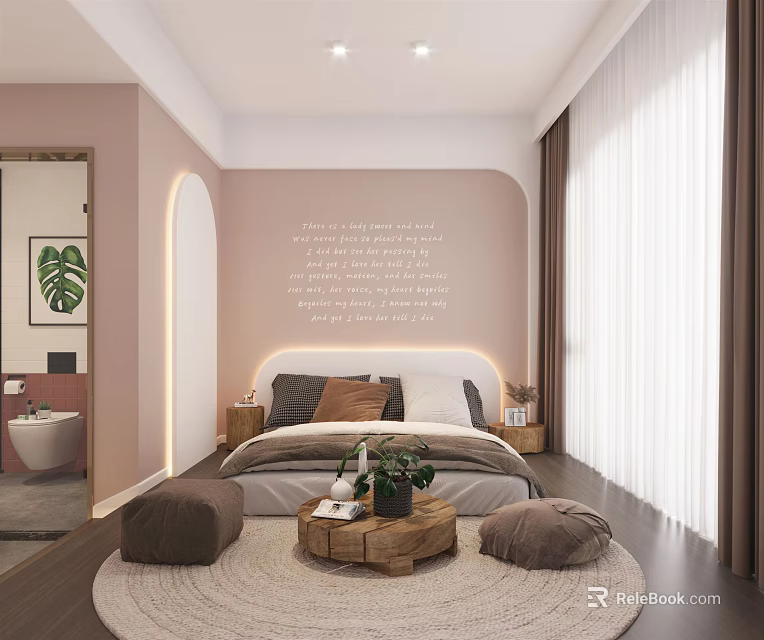 Modern Hotel Room Interior With Comfortable Bed Nightstand And Decorative Plants 3d model