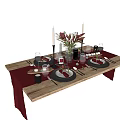 Elegant Dinnerware Set for Dining Table Setting with Red Wine Glasses Candles and Floral Arrangement