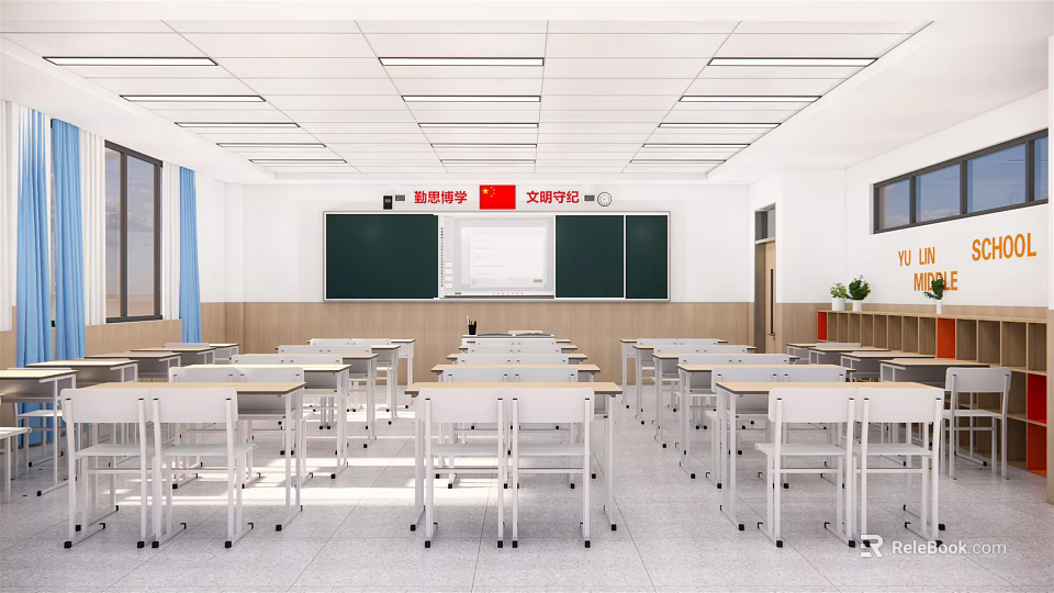 School Classroom Interior With Rows Of Desks And Chairs Blackboard And National Flag 3d model 
