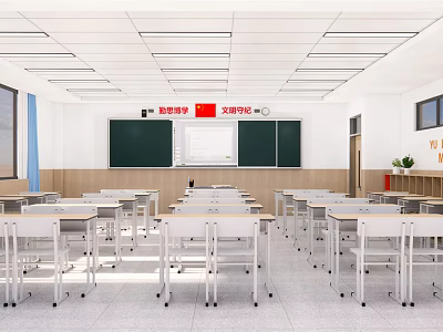 School Classroom Interior With Rows Of Desks And Chairs Blackboard And National Flag 3d model