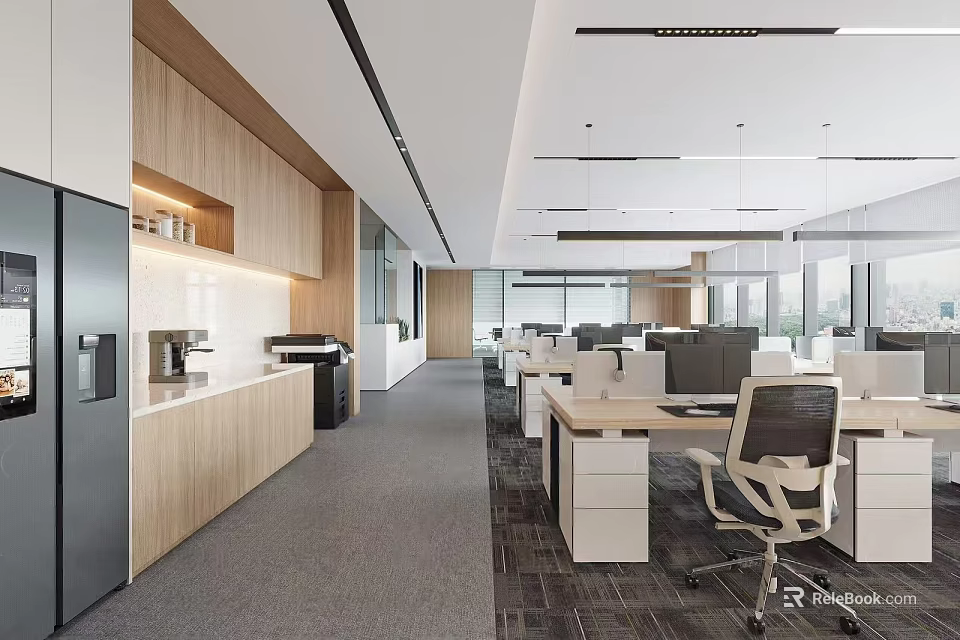 Modern Public Office Space With Ergonomic Chairs Office Desks Large Windows And Kitchen Area 3d model 