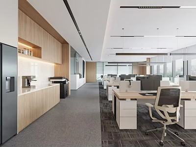 Modern Public Office Space With Ergonomic Chairs Office Desks Large Windows And Kitchen Area 3d model