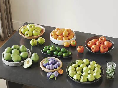 Fresh Colorful Assorted Fruits in Multiple Bowls Arranged on Table with Various Types 3d model