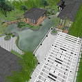 Modern Garden Landscape with Pond Rocks Green Plants Pavilion and Pergola near Building