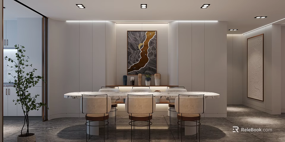 Modern Dining Chairs With Round Dining Table White Walls And Modern Art Painting 3d model 
