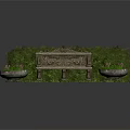 Stone Bench With Carved Details And Flower Pots In Garden Courtyard With Trimmed Bushes