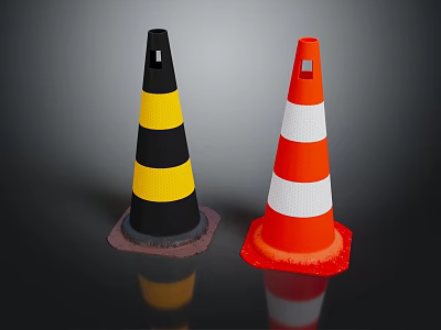 Two Traffic Cones With Black Yellow And Orange White Stripes 3d model