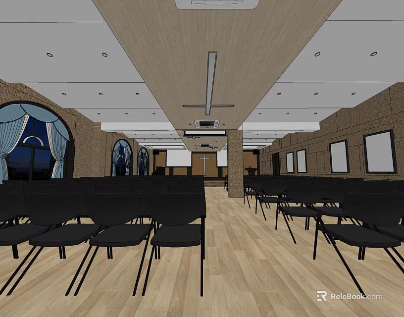 Sacred Religious Worship Hall Interior With Arched Stained Glass Windows And Wooden Floors 3d model 