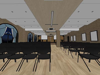 Sacred Religious Worship Hall Interior With Arched Stained Glass Windows And Wooden Floors 3d model