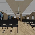 Sacred Religious Worship Hall Interior With Arched Stained Glass Windows And Wooden Floors