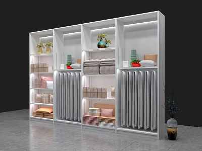 Modern White Open Shelving Unit with Lighting Displaying Towels Decorative Vases and Storage Boxes 3d model