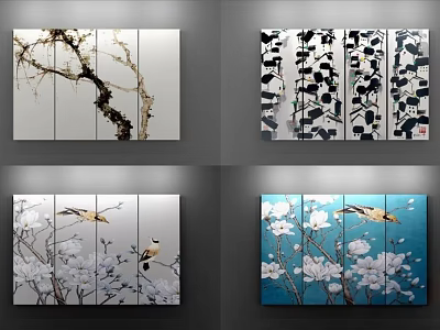 Botanical Paintings With Branches Flowers And Birds On Multi Panel Backgrounds For Home Decor 3d model