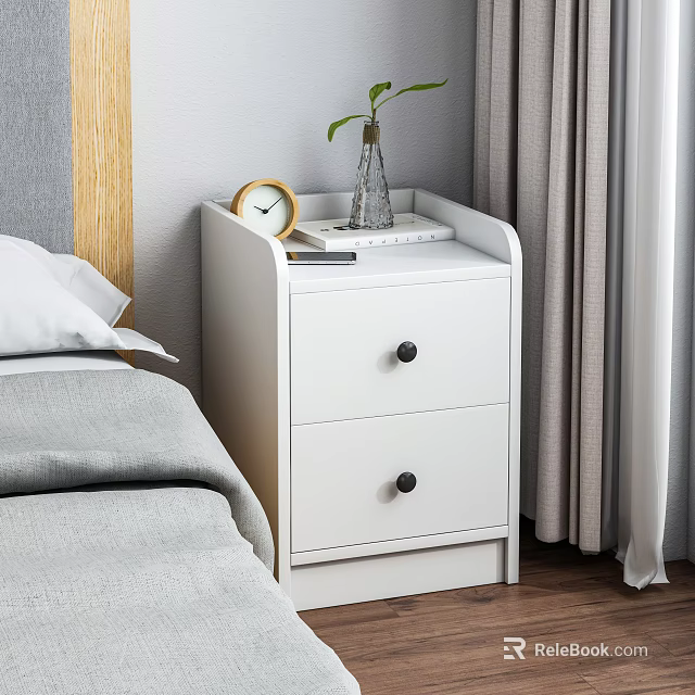 White Bedside Table With Two Drawers Round Alarm Clock Clear Vase Green Plant In Bedroom 3d model 