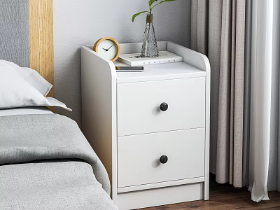 White Bedside Table With Two Drawers Round Alarm Clock Clear Vase Green Plant In Bedroom 3d model