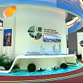 Modern Exhibition Booth Design With Large Cityscape Displays And Illuminated Structure