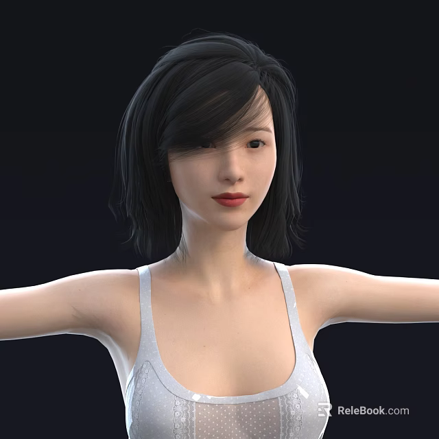 Beautiful Woman With Short Black Hair In White Tank Top Arms Outstretched Against Dark Background 3d model 