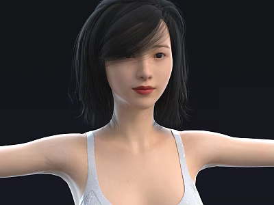 Beautiful Woman With Short Black Hair In White Tank Top Arms Outstretched Against Dark Background 3d model
